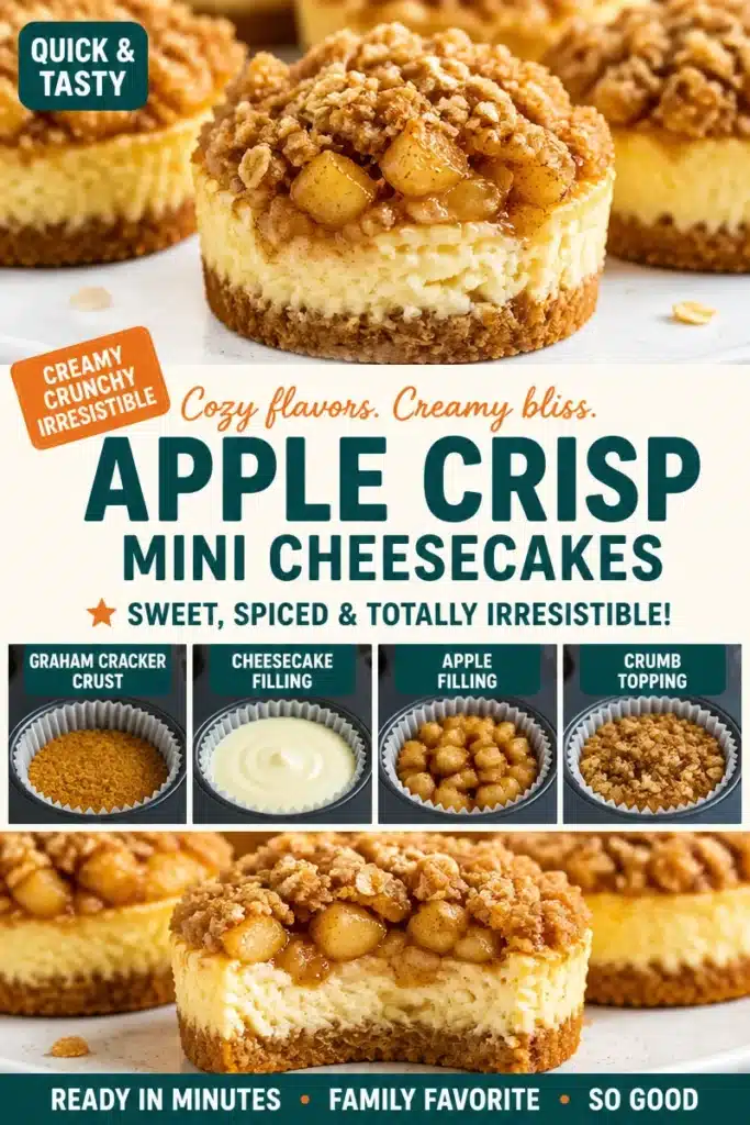 Mini apple crisp cheesecakes with a crunchy topping and creamy filling