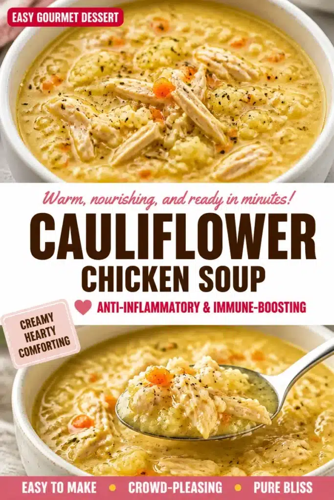 Bowl of Minute Anti-Inflammatory Cauliflower Chicken Soup garnished with herbs