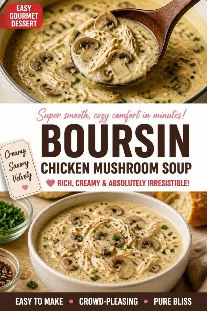 Creamy Boursin chicken and mushroom soup in a bowl garnished with herbs