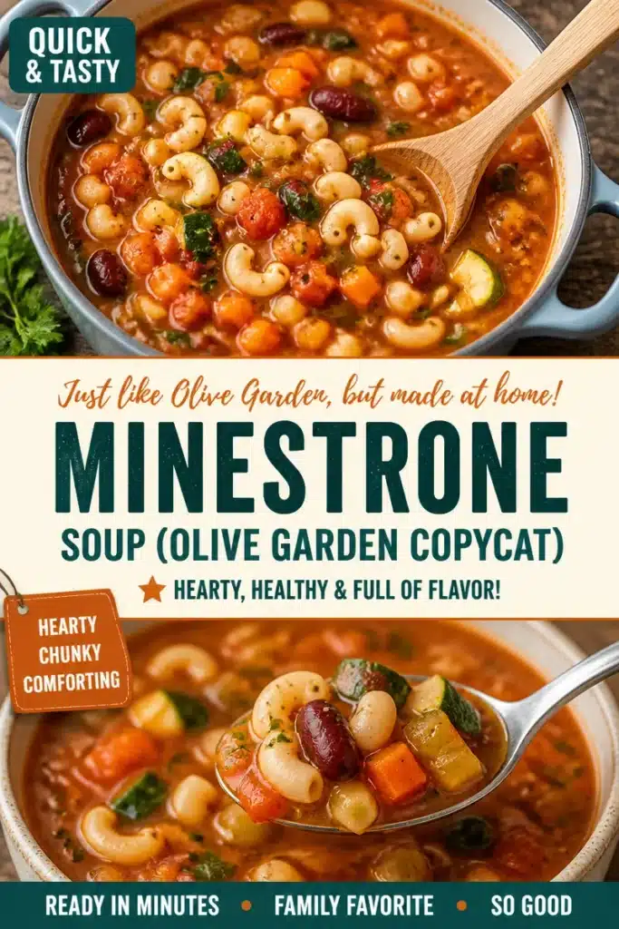 Bowl of Olive Garden-style minestrone soup with vegetables and beans