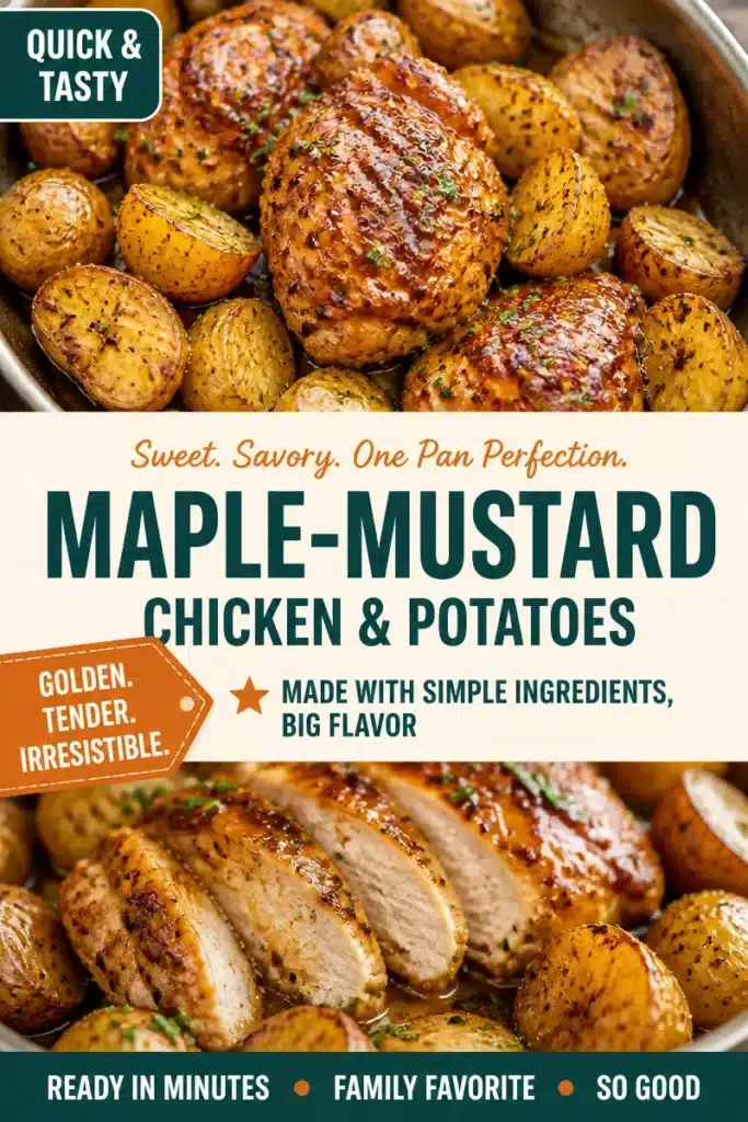 One pan maple mustard chicken with golden potatoes on a serving platter