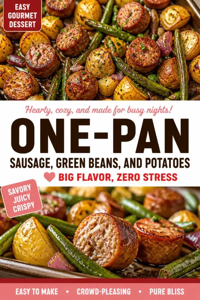 One-Pan Sausage with Green Beans and Potatoes dish ready to serve.