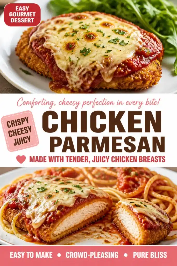 Oven baked chicken parmesan served with marinara sauce and cheese