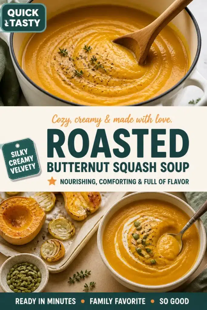 A bowl of creamy oven-roasted butternut squash soup garnished with herbs