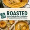 A bowl of creamy oven-roasted butternut squash soup garnished with herbs