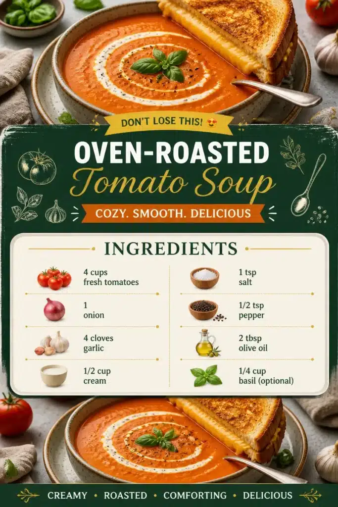 Bowl of delicious oven-roasted tomato soup with fresh basil garnish