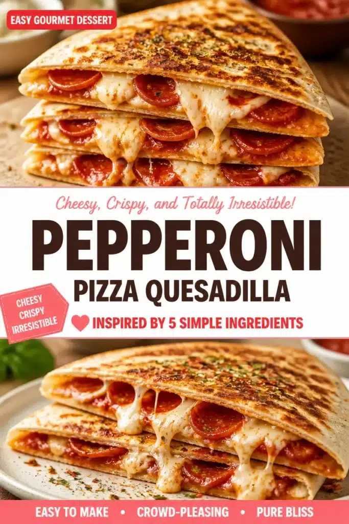 Delicious pepperoni pizza stuffed quesadilla served with dipping sauce.
