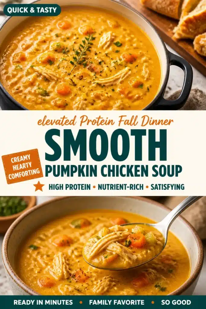 Bowl of creamy pumpkin chicken soup with herbs and spices