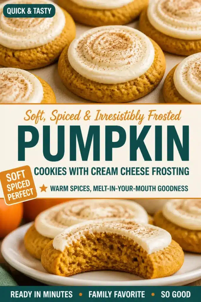 Pumpkin cookies with cream cheese frosting on a plate