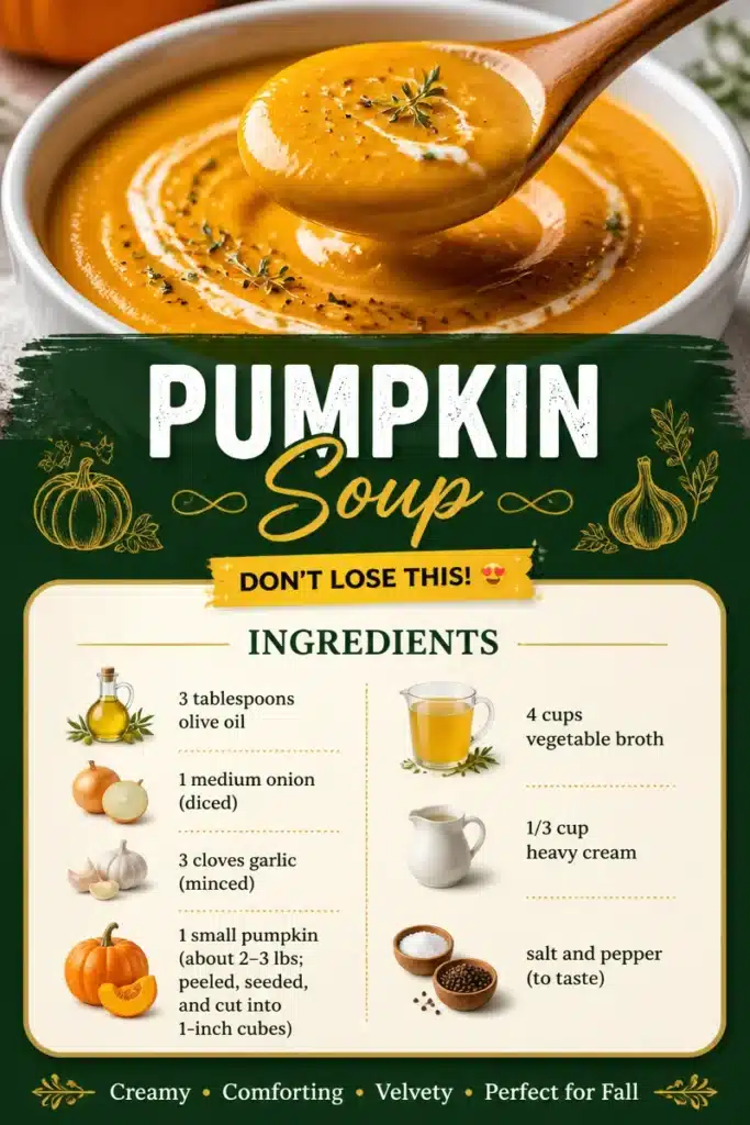 Bowl of creamy pumpkin soup garnished with herbs and spices