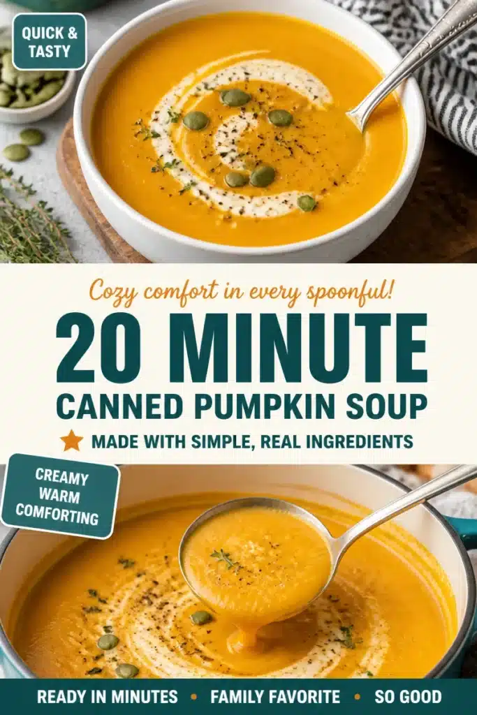 Bowl of quick 20-minute canned pumpkin soup topped with herbs and cream