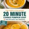 Bowl of quick 20-minute canned pumpkin soup topped with herbs and cream