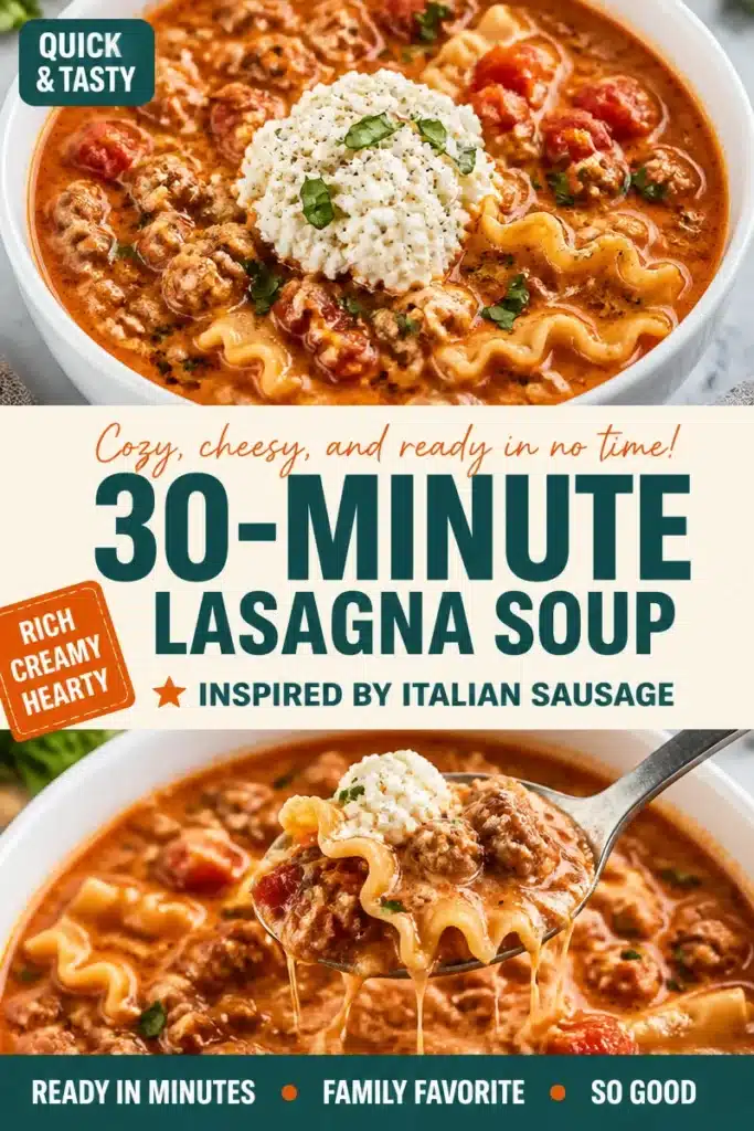 Bowl of quick 30-minute lasagna soup with cheese and herbs on top
