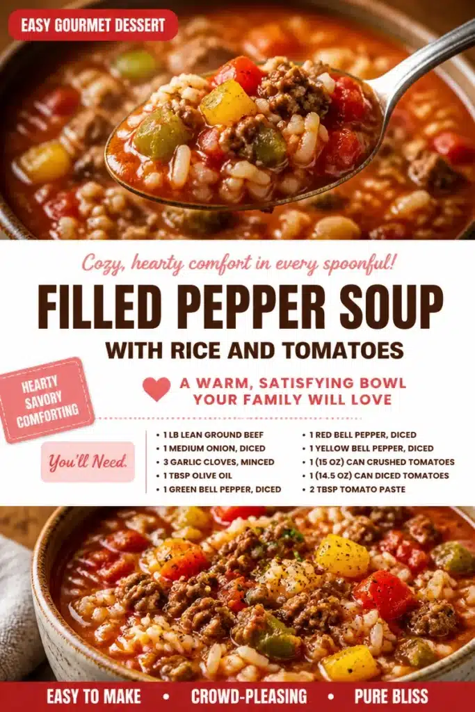 Bowl of Rice and Tomato Stuffed Pepper Soup garnished with herbs