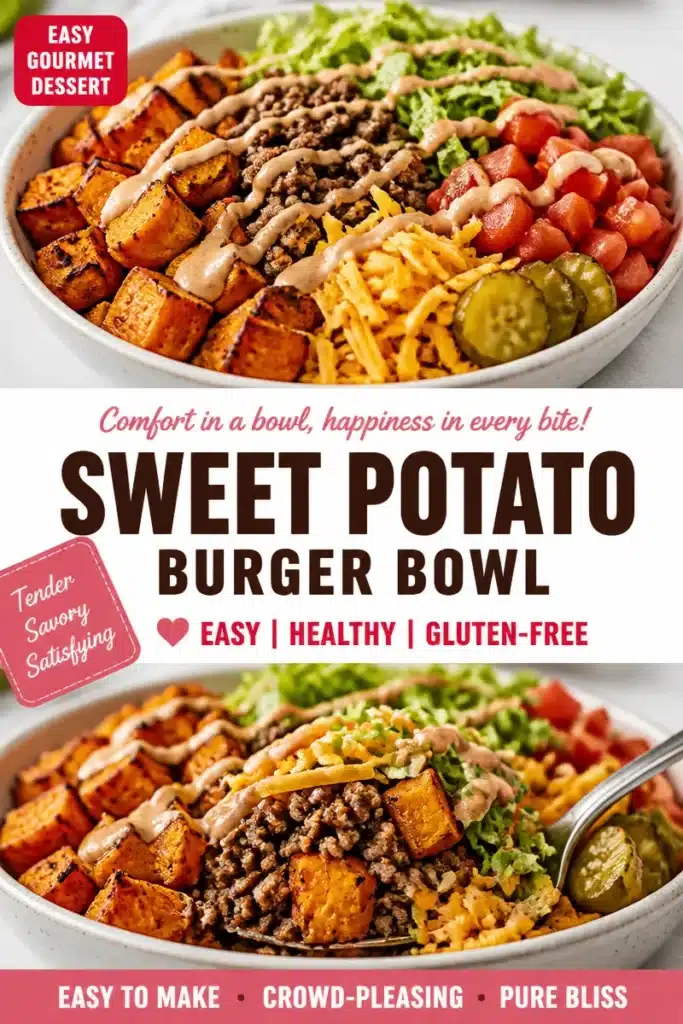 Roasted sweet potato burger bowl topped with fresh greens and avocado