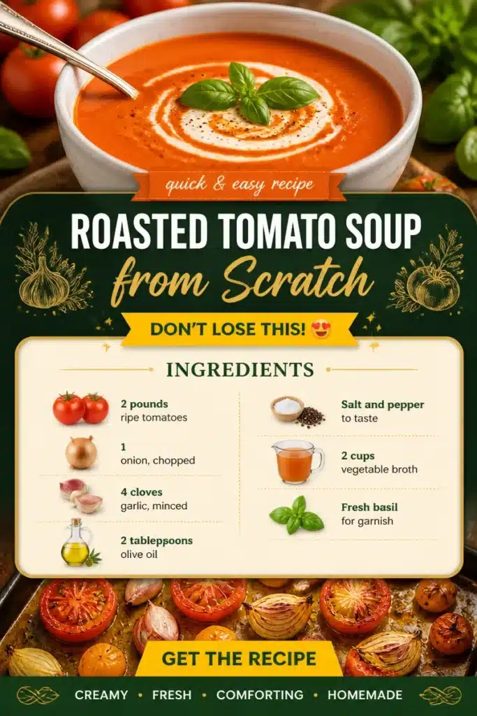 Bowl of homemade roasted tomato soup garnished with basil and cream.