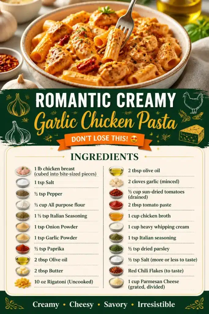 Creamy Garlic Chicken Pasta dish in a romantic setting