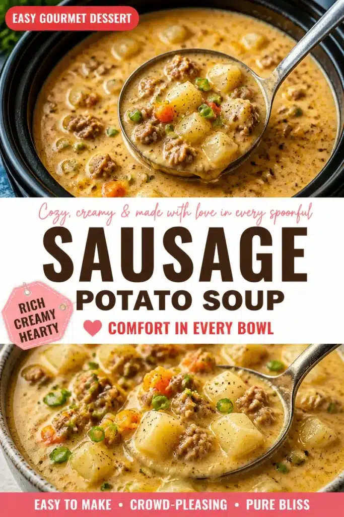 Bowl of homemade Sausage Potato Soup with fresh herbs and vegetables