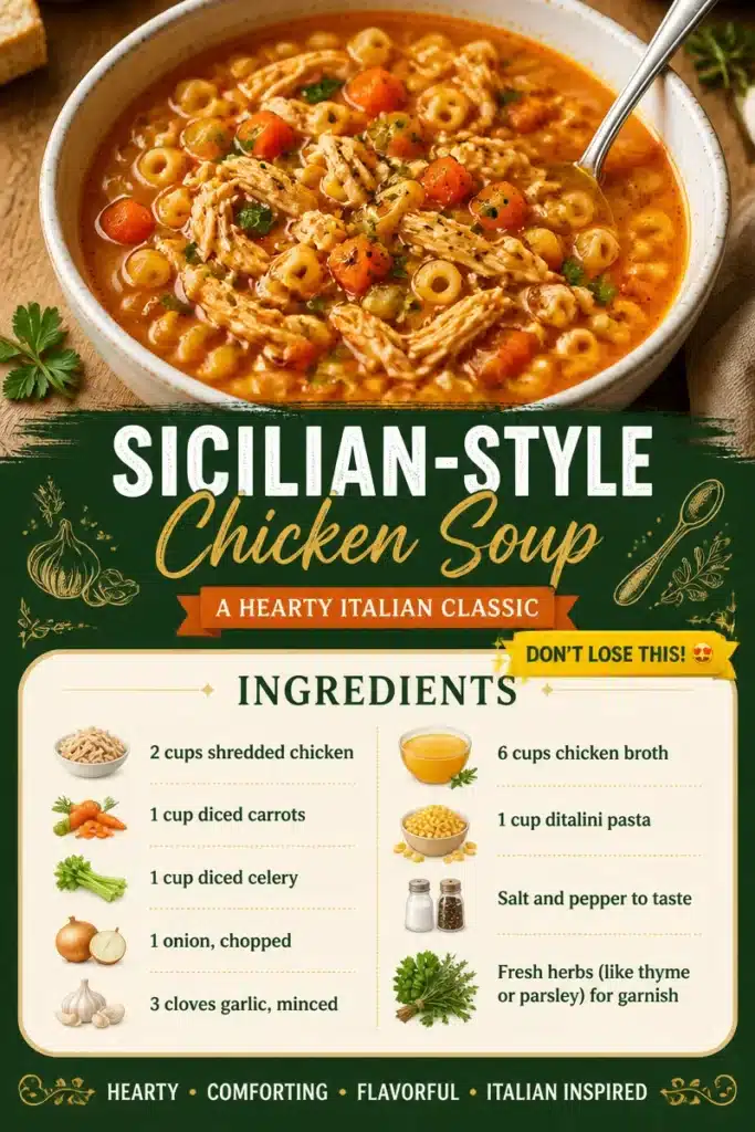 Bowl of authentic Sicilian-style chicken soup topped with fresh herbs