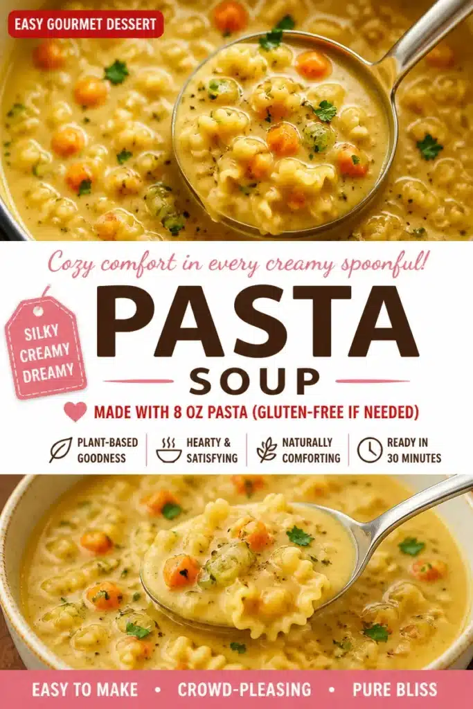 Silky creamy vegan pasta soup served in a bowl with fresh herbs