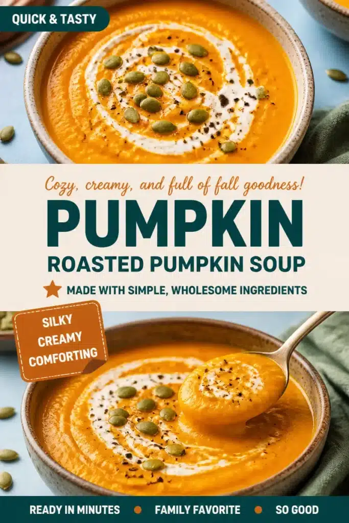 Bowl of silky vegan roasted pumpkin soup garnished with herbs