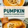 Bowl of silky vegan roasted pumpkin soup garnished with herbs