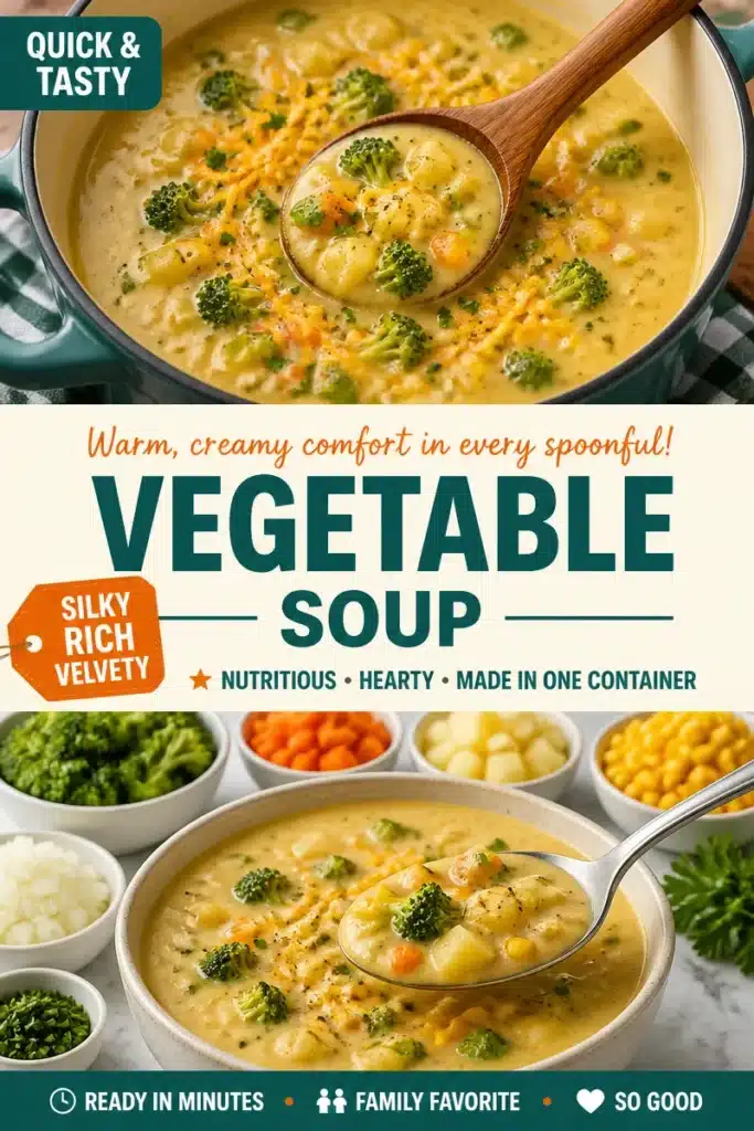 Silky vegetable soup in a bowl, garnished with herbs, showcasing colorful vegetables.
