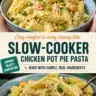 Slow-Cooker Chicken Pot Pie Pasta served in a bowl garnished with herbs.
