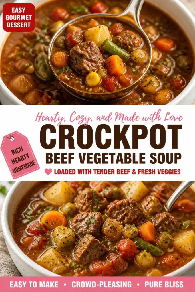 Bowl of slow cooker vegetable beef soup with fresh vegetables