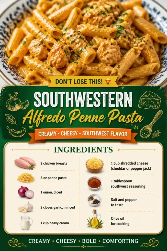 Delicious Southwestern Alfredo penne pasta topped with herbs and spices