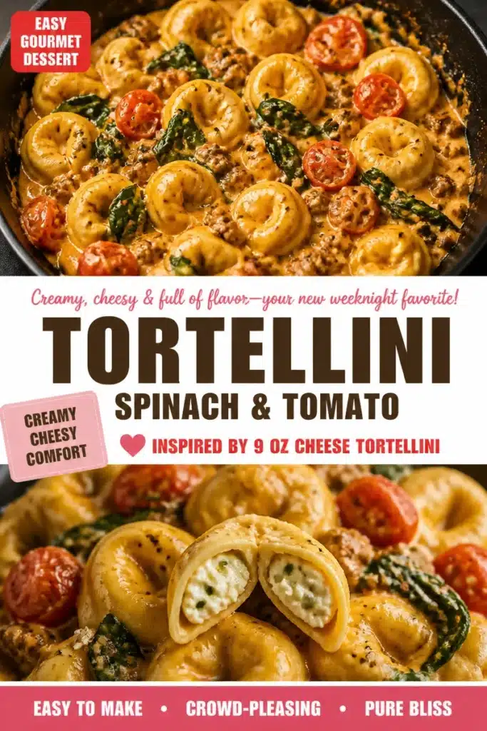 Plate of Spinach and Tomato Tortellini garnished with fresh basil