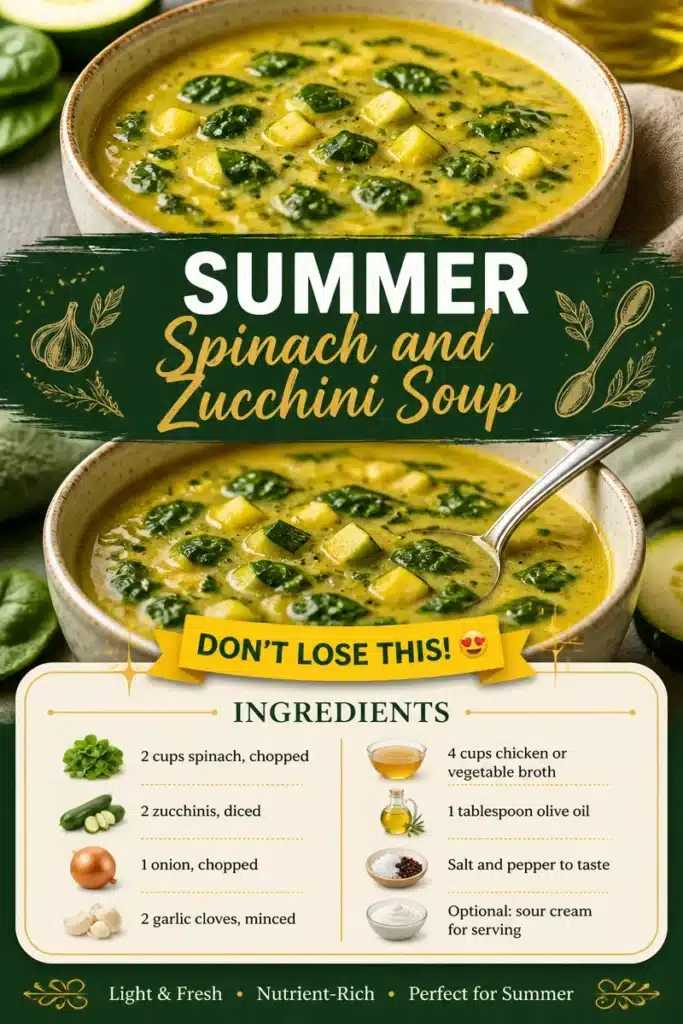 Bowl of summer spinach and zucchini soup garnished with fresh herbs