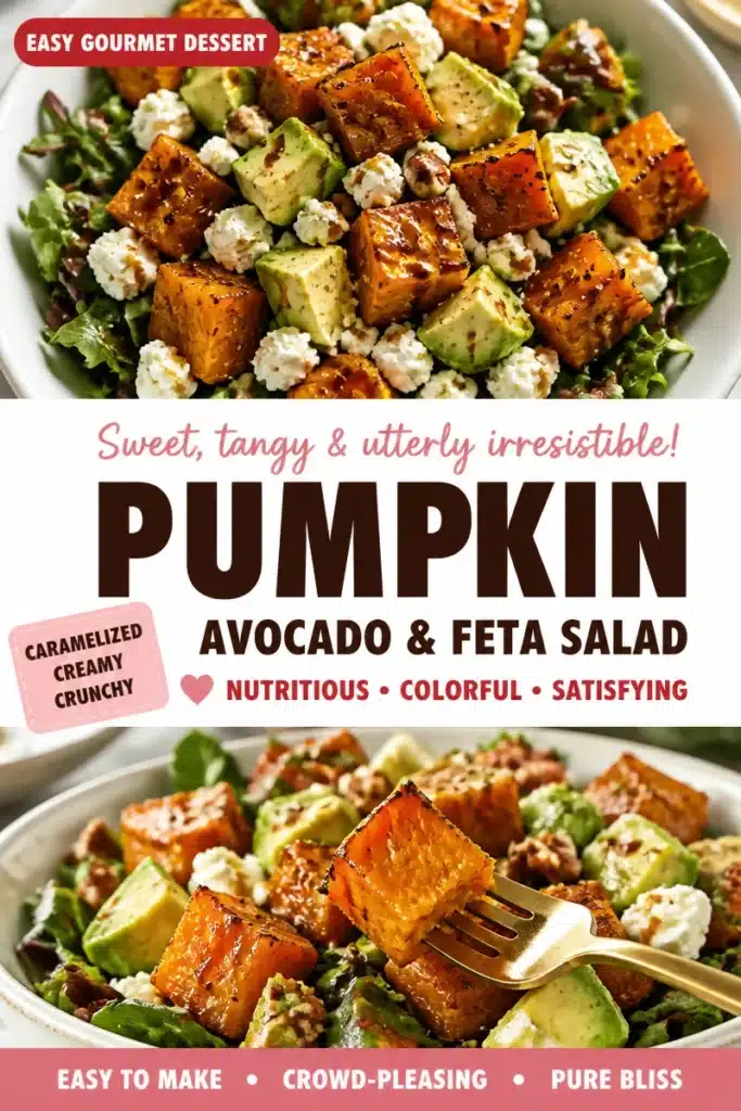 Balsamic roasted pumpkin salad with feta cheese and colorful greens