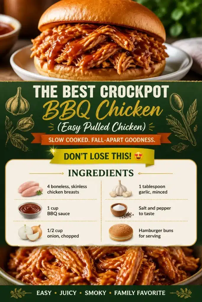 Delicious crockpot BBQ chicken served on a plate with sauce and garnishes.