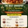 Delicious crockpot BBQ chicken served on a plate with sauce and garnishes.