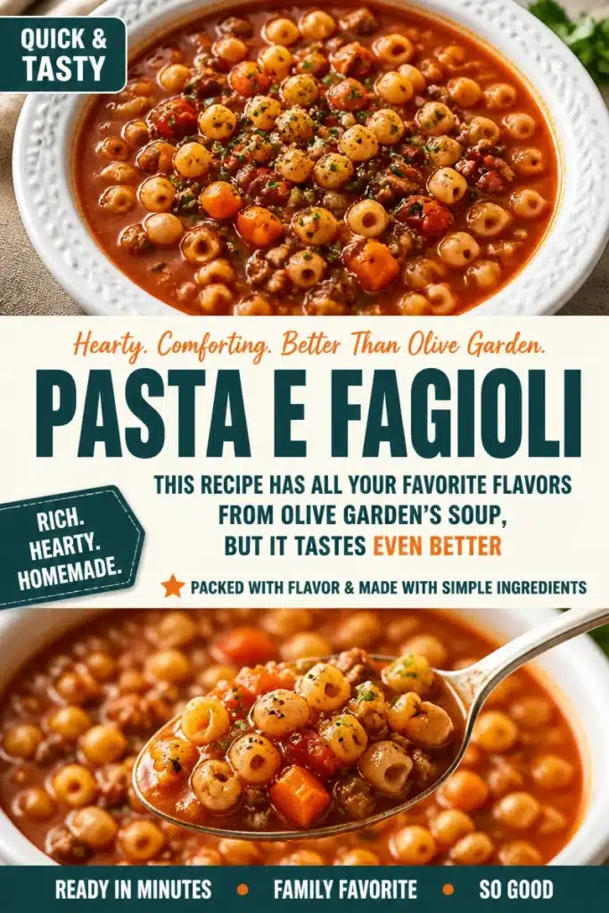 Bowl of Pasta e Fagioli recipe inspired by Olive Garden flavors.