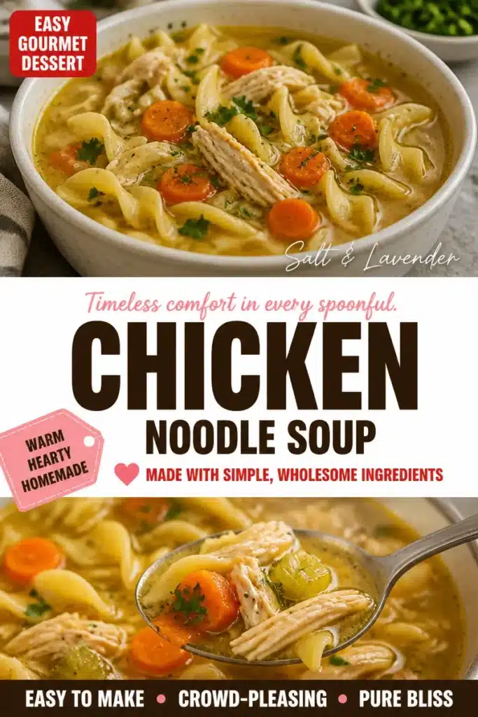 Bowl of delicious, homemade Chicken Noodle Soup with vegetables and herbs