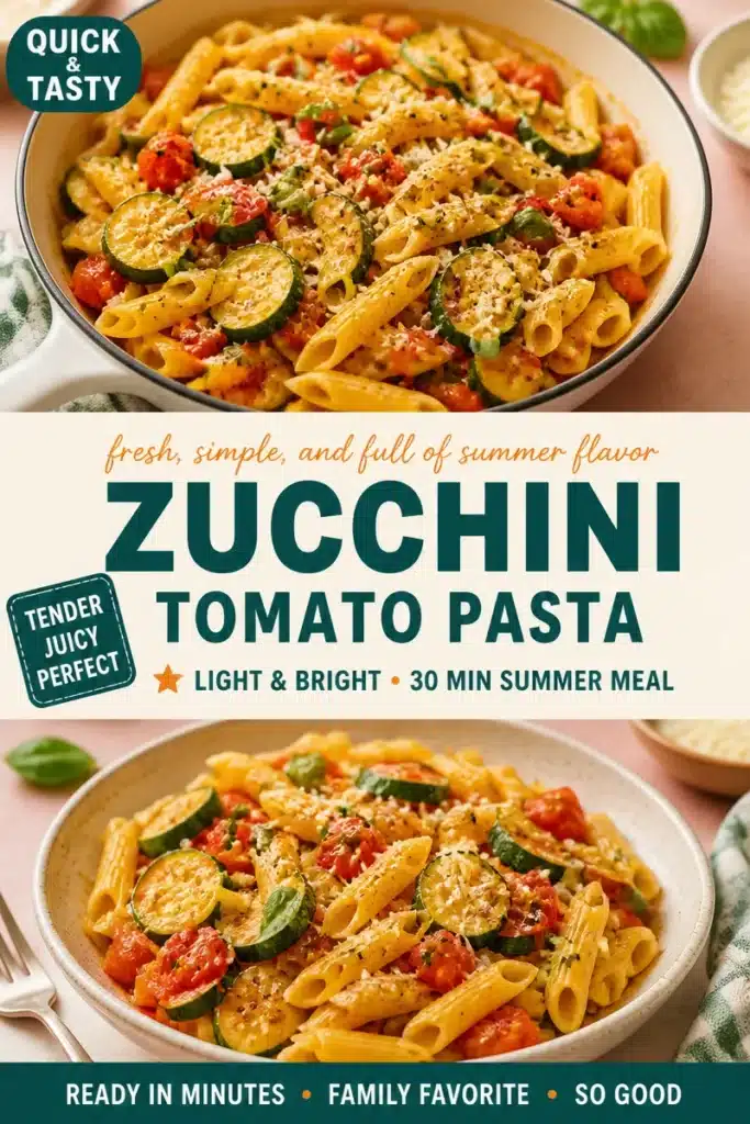Delicious Tomato Zucchini Pasta served in a bowl with fresh herbs