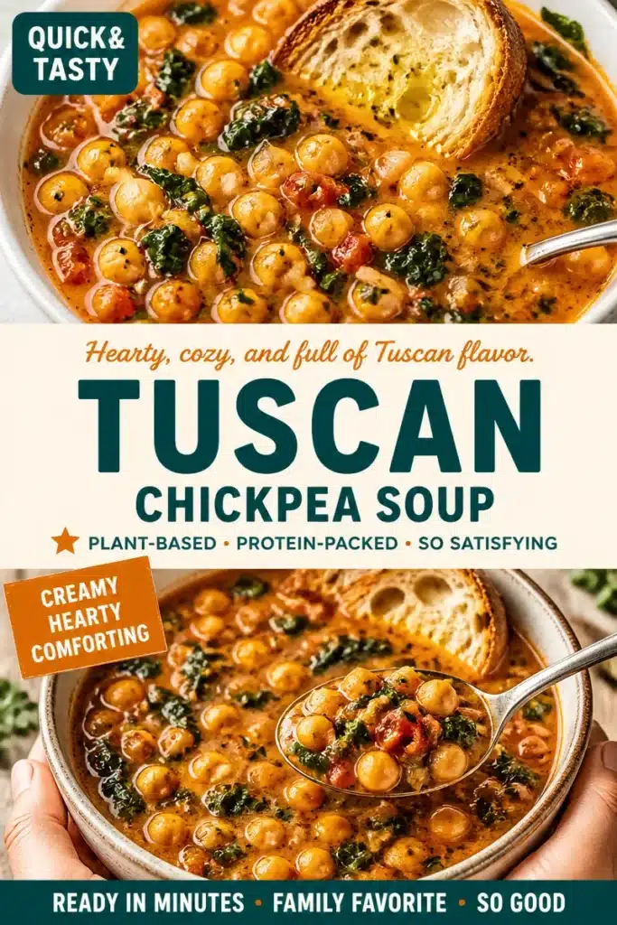 Bowl of Tuscan-Style Chickpea Soup garnished with fresh herbs