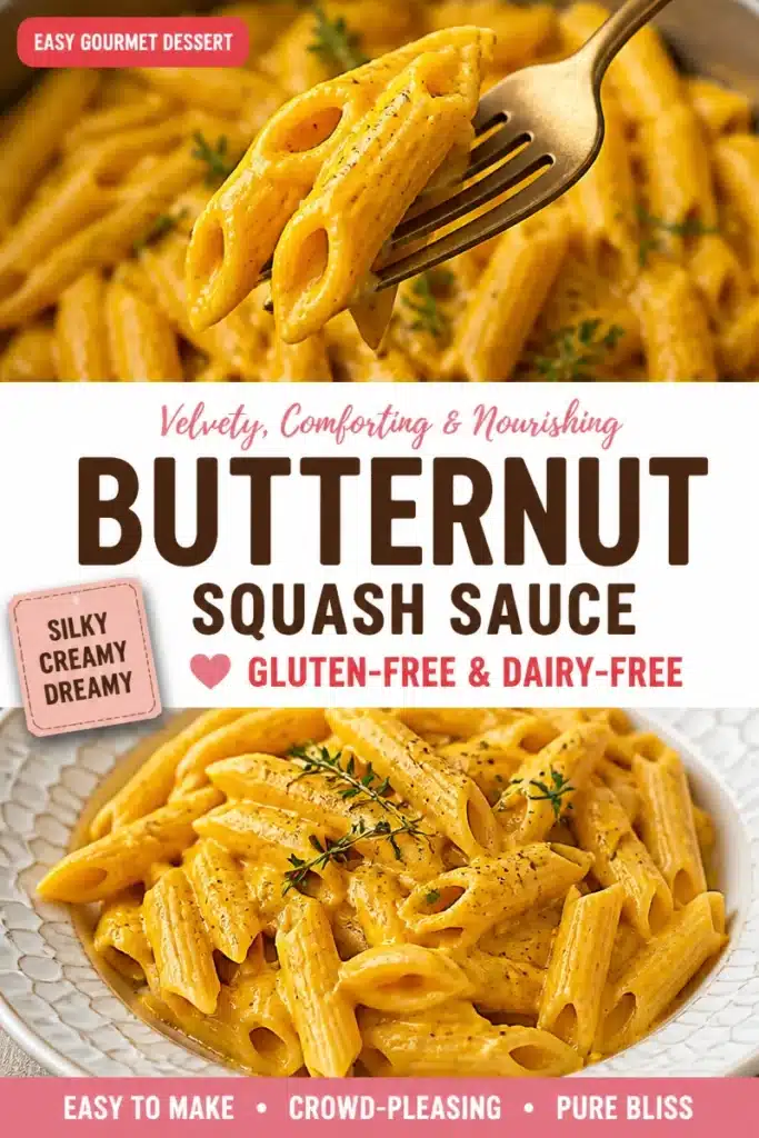 Delicious bowl of velvety butternut squash pasta sauce with fresh herbs
