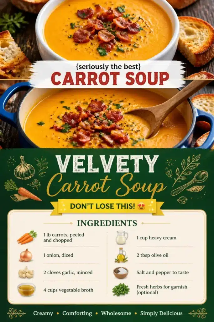 Bowl of velvety carrot soup garnished with fresh herbs