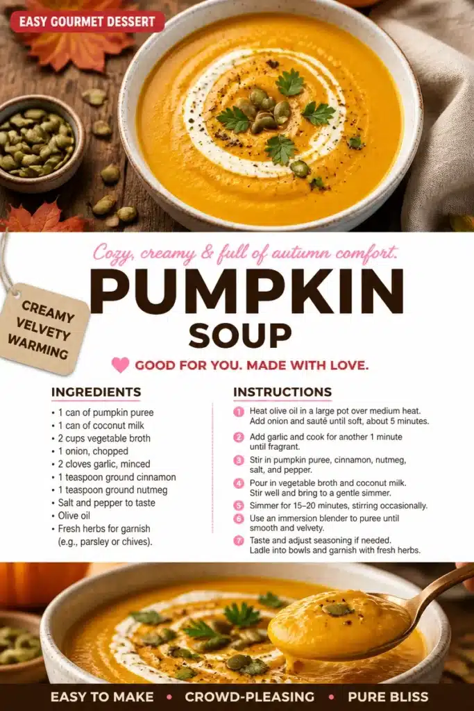 Bowl of velvety pumpkin soup garnished with herbs