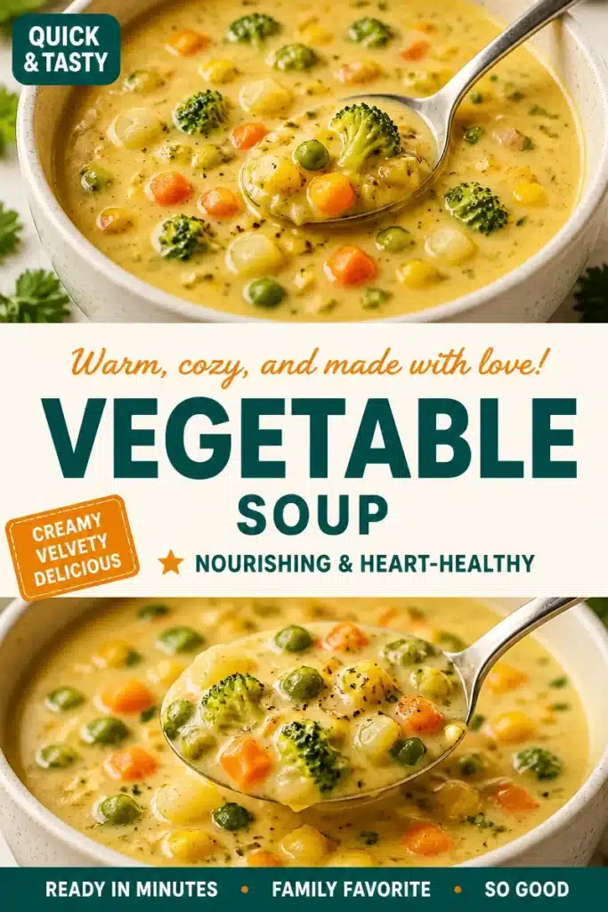 Bowl of velvety vegetable soup with vibrant vegetables and herbs