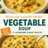 Bowl of velvety vegetable soup with vibrant vegetables and herbs