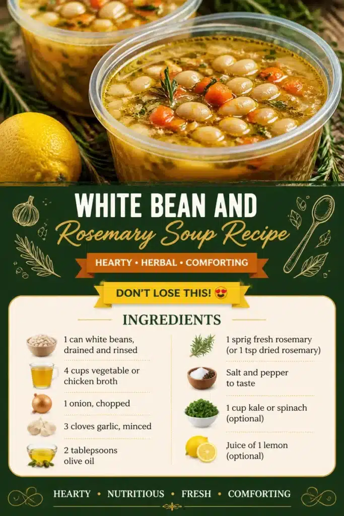 Bowl of white bean and rosemary soup garnished with fresh herbs.