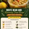Bowl of white bean and rosemary soup garnished with fresh herbs.