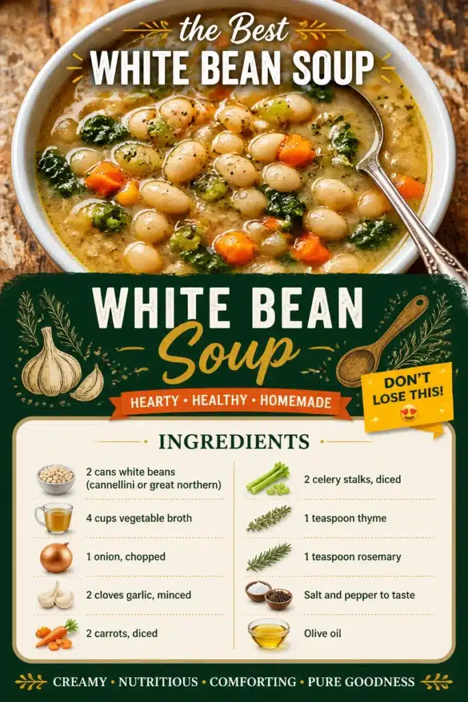 Bowl of homemade white bean soup garnished with herbs and spices.