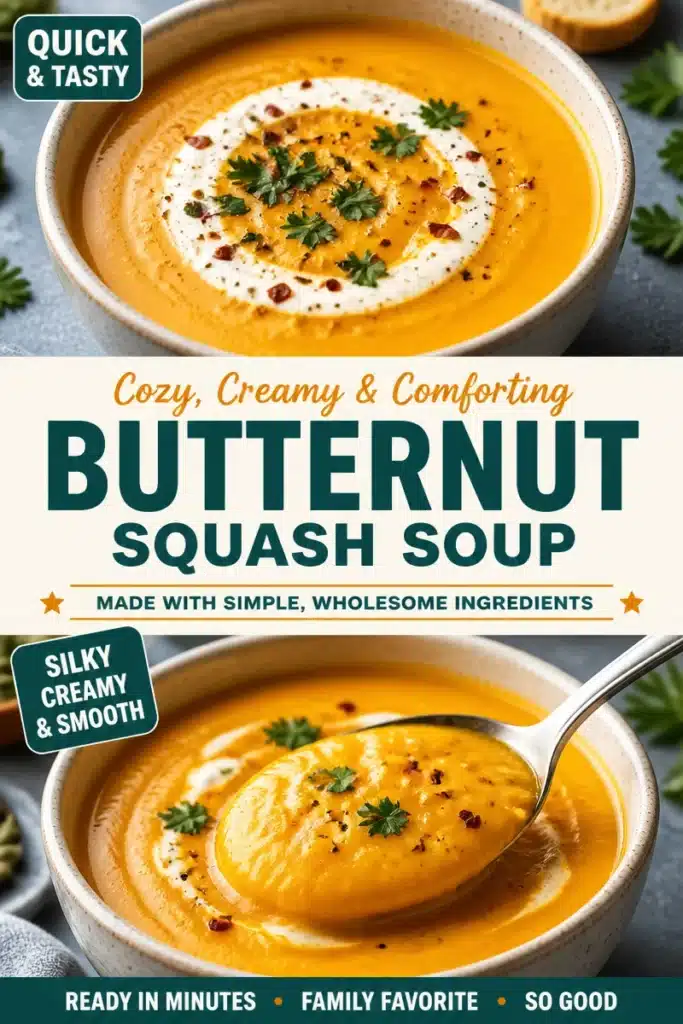 Bowl of wholesome butternut squash soup topped with herbs and croutons