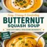 Bowl of wholesome butternut squash soup topped with herbs and croutons
