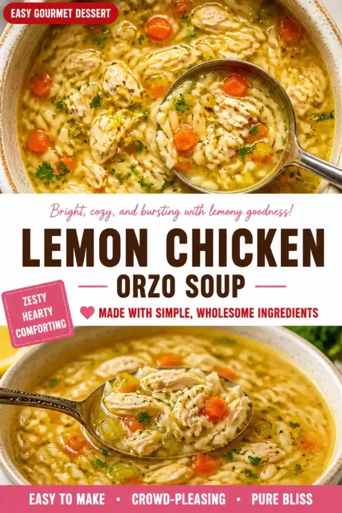 Bright lemon chicken soup with orzo in a bowl garnished with herbs